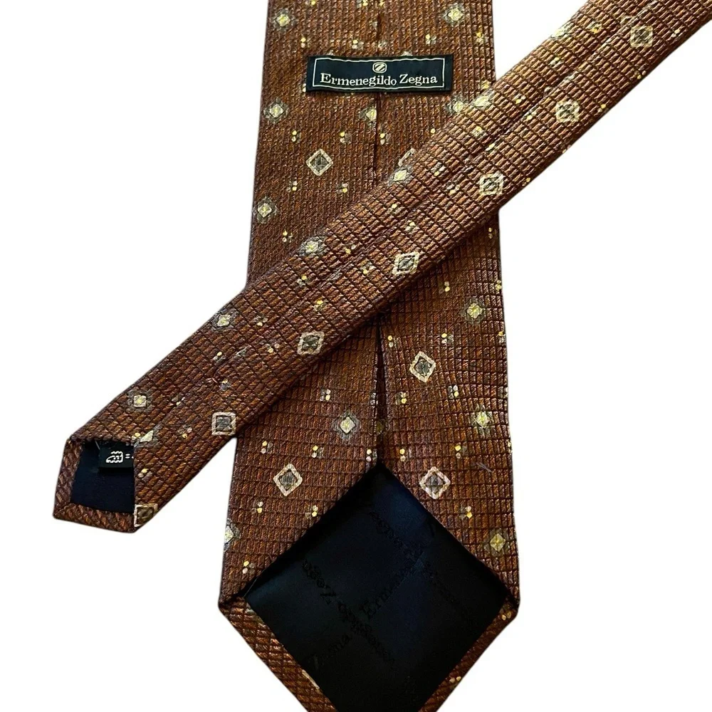 Ermenegildo Zegna copper & cream textured geometric luxe Italian silk tie, 3.75”